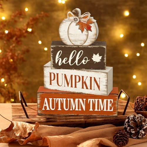 Yousoontic 4 Pcs Fall Pumpkin Maple Leaf Figurines, Rustic Farmhouse Decor