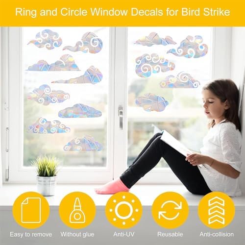 54PCS Cloud Window Clings - Anti-Collision Decals to Save Birds, Non-Adhesive Prismatic Vinyl