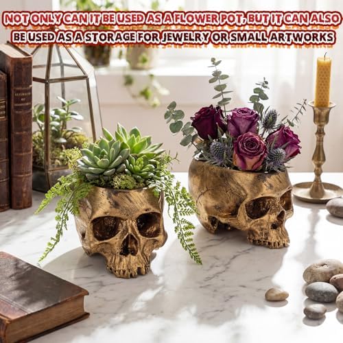 2 Pack Halloween Skull Planter, Gold, Retro