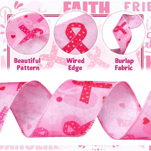 Wavyknot 6 Rolls Breast Cancer Awareness Wired Edge Ribbon 2 Inch x 30 Yard