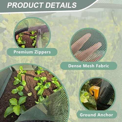 Plant Mesh Cover for Garden Protection - 59" x 59" x 60" Reusable Plant Tent Cage with Zipper & Stakes, Pest Guard Netting for Vegetables, Fruits, Flowers, Small Animals & Poultry 1PCS