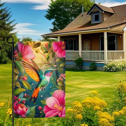 Hummingbird Spring Garden Flags 12 x 18 Summer Flower Garden Flag Bird Floral Seasonal Yard Flags Double Sided for Outside Lawn Outdoor Decorations