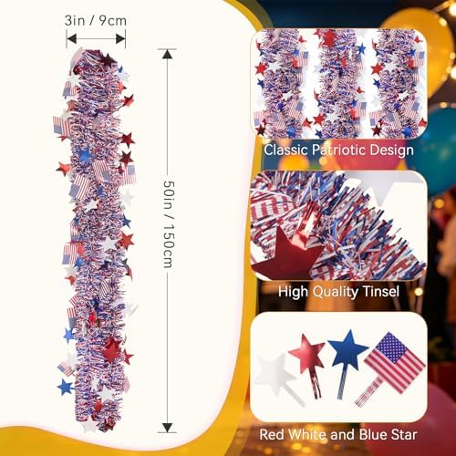 Yuubin 4th of July Garland American Flags Star Tinsel Patriotic Red White and Blue Garland Independence Day Decoration,for Memorial Day Home Indoor Outdoor Party Stairs Fireplace Golf Cart Decor