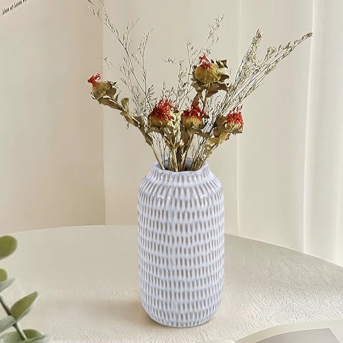 Ceramic Vase for Flowers – Modern Small Ribbed Textured Flower Vase for Home Decor, Pampas Grass, Decorative, Farmhouse, Coffee Table, Kitchen Centerpieces, Bookshelf and Home Living (Glaze White)