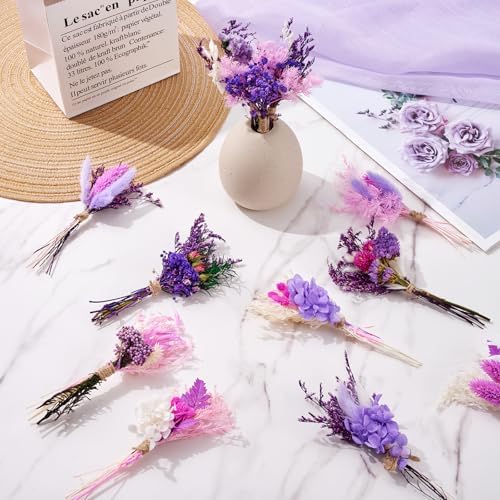 12/24 PCS Charming Dried Flowers Bouquet for Vase Various Dried Wildflowers with Stems Mini Handmade Wildflowers Natural Real Flowers Bulk Flowers Craft (Purple Series, 12 PCS)