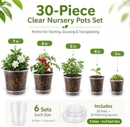 30 Pack 7/6/5/4/3 Inch Clear Nursery Pots with Drainage and Saucer, Plastic Pots for Planter, Clear Potting Pots for Succulents, Flower, Small Herbs, Indoor Outdoor Gardening