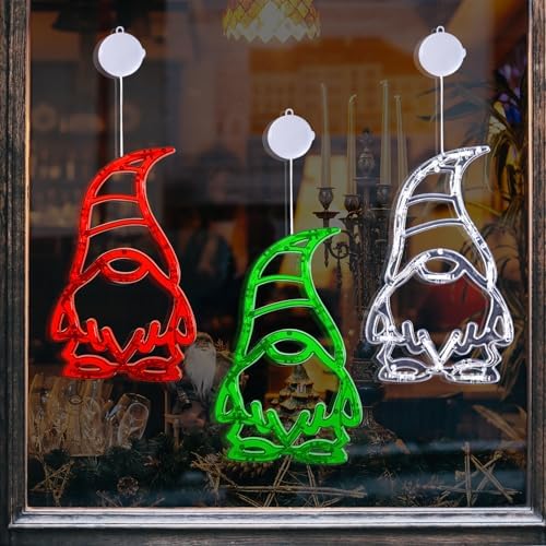 LOLStar 3 Pack Red White and Green GnomesChristmas Window Lights,Suction Cups 2025 Upgrade Timer Function and Slowly Fade Mode Battery Operated Indoor Decors Christmas Decorations