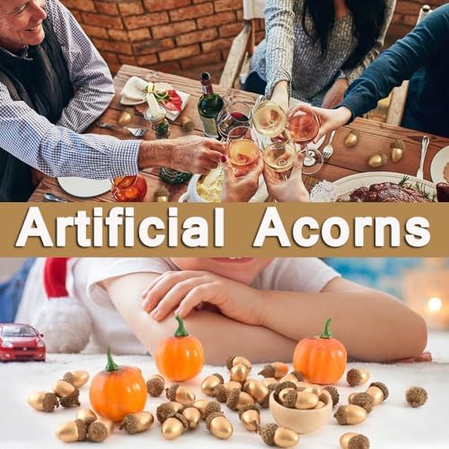 AKOAK 30 Pcs Artificial Acorns with Natural Acorn Cap, Lifelike Fake Oak Nut, Simulation Fruit Props for DIY Crafting, Wedding, House Decor Christmas Decoration Fall Table Scatter （Golden）