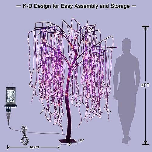 7 FT Halloween Lighted Willow Tree 256 LED Orange and Purple Lights Artificial Weeping Willow Tree with 6 Spiders Outdoor Indoor Decoration Christmas Festival Party Home Decor