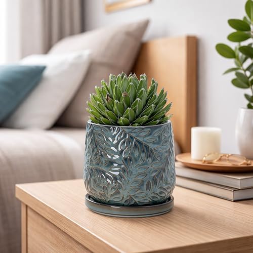 D'vine Dev Embossed Leaves Ceramic Planter, 5 in, Ocean Teal, 27-A-V-8