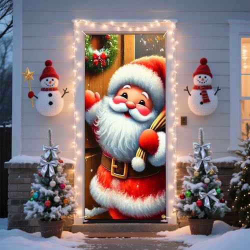 Chibi Santa Knocking Door Gift Sack Lantern Door Cover 35x71in