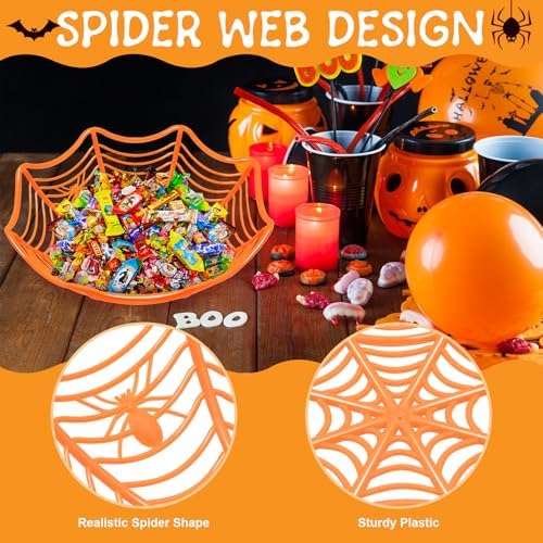 3 Pack Halloween Spider Web Candy Bowls, 11 Inch Plastic Cobweb Design Serving Bowls in Orange, Black, and Purple for Halloween Party Decor, Trick-or-Treating, Food Candy Trays, and Table Centerpieces