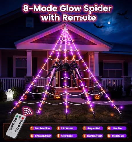 Halloween Giant Spider Web Decoration with Glow-in-the-Dark Spider, Outdoor