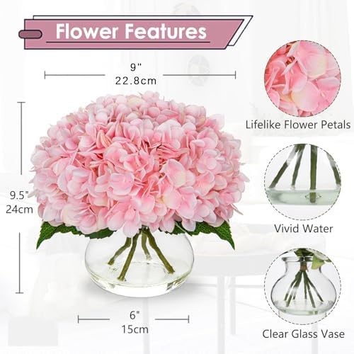 Hollyone Pink Hydrangea Artificial Flowers with Glass Vase Silk Faux Flowers Arrangements with Clear Faux Water Fake Floral Bulk Bouquet for Home Decor Table Centerpiece Decorations