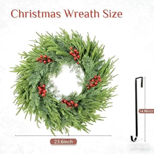 Christmas Wreath, 24" Wreath for Front Door with Hanger, Artificial Pine Wreath with Berries, Farmhouse Christmas Decorations for Indoor Outdoor