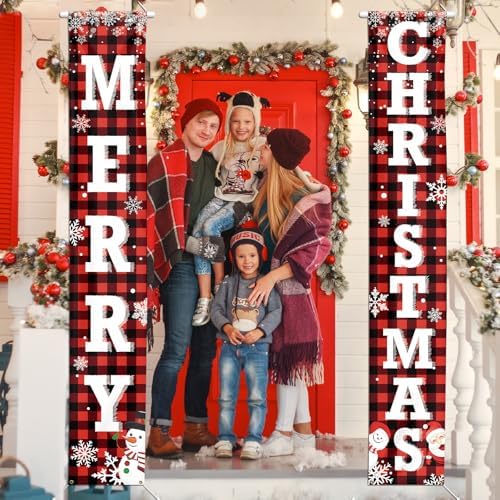 71 x 12 Inches Merry Christmas Door Banner for Doorway, Large Red and Black Plaid Christmas Hanging Sign with Santa, Snowman, and Snowflake Design for Holiday, Front Door, and Xmas Decorations