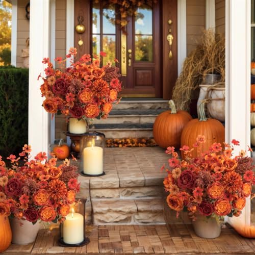Mixed 8pcs Fall Artificial Peony Hydrangea Bouquet, Burnt Orange Red Silk Faux Flower, Autumn Faux Floral Arrangements for Wedding Table Thanksgiving Outdoor Planters Porch Patio Garden Yard