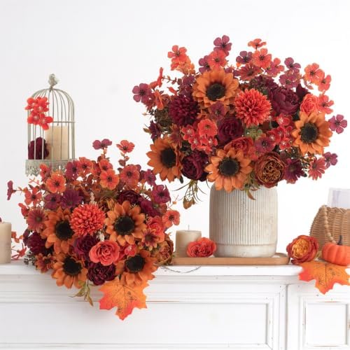 Mixed 5 Pcs Fall Artificial Sunflower Peony Bouquet, Burnt Orange Burgundy Silk Faux Flower, Autumn Faux Floral Arrangements for Wedding Table Centerpiece DIY Thanksgiving Farmhouse Outdoor Decor
