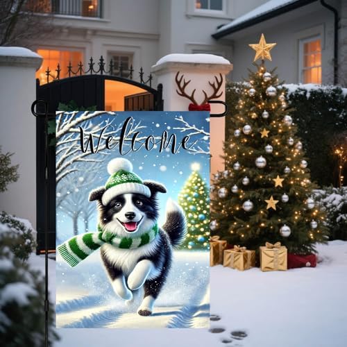 BlissYard Garden Flag Border Collie Winter 12x18 Inch Polyester