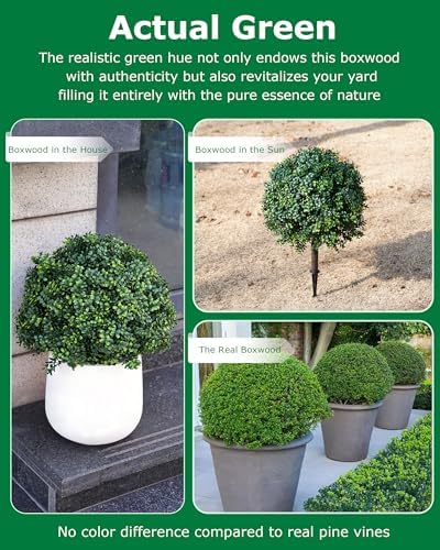 24'' Artificial Boxwood TopiaryTree, Faux Boxwood Plants Shurbs with Spike, 2 Set Topiary Ball Tree Waterproof UV Resistant Fake Pot Filler Plants for Planter Porch Home Outside Garden Spring Decor