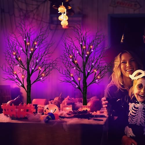 Halloween Decorations Indoor 2 Pack 24 Inch Black Halloween Tree with 48 Orange Purple Led Lights, Timer/USB/Battery Operated Lighted Tabletop Spooky Tree for Table Home Office Party Decor