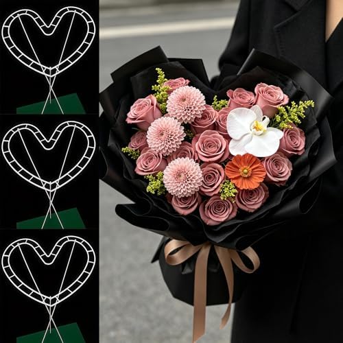 Heart Shape Flower Bouquet Shaper - 2 Set Reusable Floral-Cage Rose Stem Holder, Plastic Heart Wreath Frames, White Flower Arrangement Stand for Fresh Roses, DIY Bouquet Making, Birthday, Wedding
