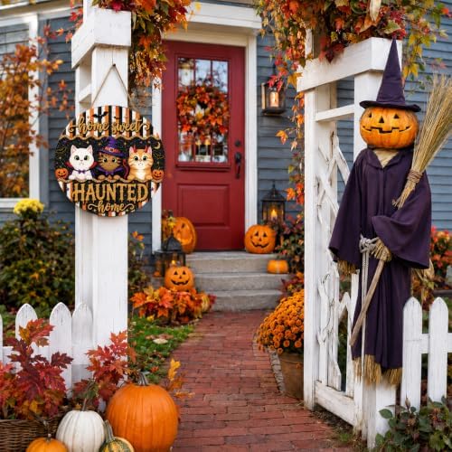 Halloween Cat Door Sign, Wooden Home Sweet Haunted Home Pumpkin Wreath
