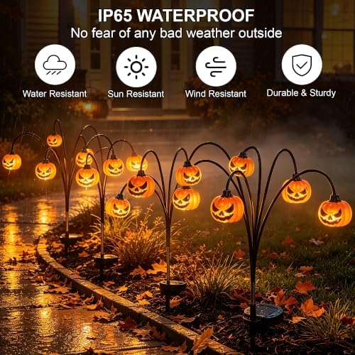 Halloween Solar Lights Outdoor, 2 Pack Waterproof Pumpkin Stake Lights
