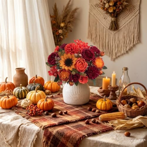 4 Pcs Mixed Autumn Artificial Peony Flower Set-2 Bouquets & 2 Stems, Burnt Orange Wine Red Fake Peony Sunflower Silk Flower for Fall Table Centerpiece Farm Wedding Thanksgiving Halloween Home Decor