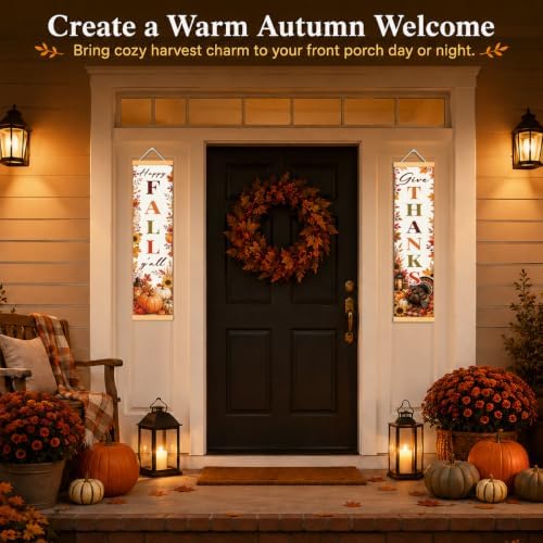 Happy Fall Door Banner Set of 2, Give Thanks Turkey Porch Decor for Home