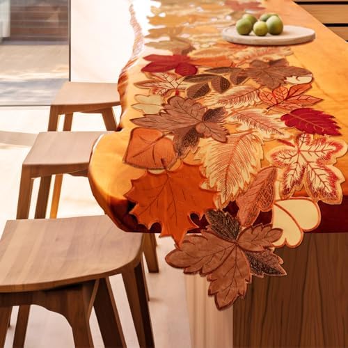 Fall Table Runner 120 Inches Long Autumn Maple Leaf Embroidered Runner