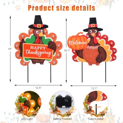 MUMTOP Thanksgiving Turkey Metal Garden Deocr Stake with LED Light Set of 2