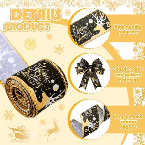 Wavyknot 6 Rolls Christmas Wired Edge Ribbon 2 Inch x 30 Yards Black Gold