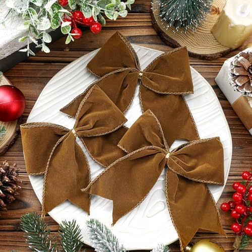 Janinka 12 Pcs Brown Christmas Velvet Bows 6" Rustic Tree Wreath Gift