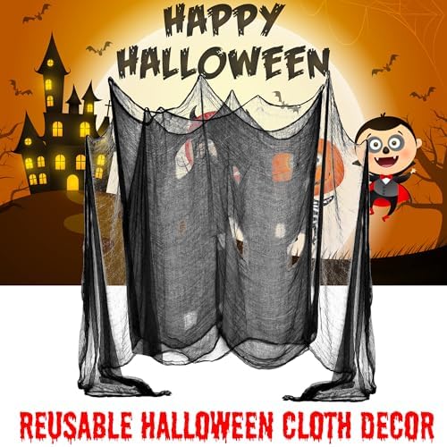 (48 x 240 in.) Halloween Creepy Cloth, Spooky Giant Cheese Cloth Tapestry for Halloween Party Supplies Decorations Outdoor Yard Home Wall Decor, Black