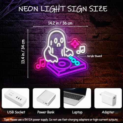 DJ Ghost Halloween Neon Sign, Dimmable LED Music Neon Sign for Wall Decor