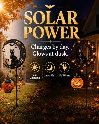 Halloween Garden Decorations Solar Cat Garden Lights Stake Outdoor Lantern Pumpkin Moon Yard Black Cat Waterproof Night Decor Holiday Jack Star LED Pathway Lawn Porch (C)