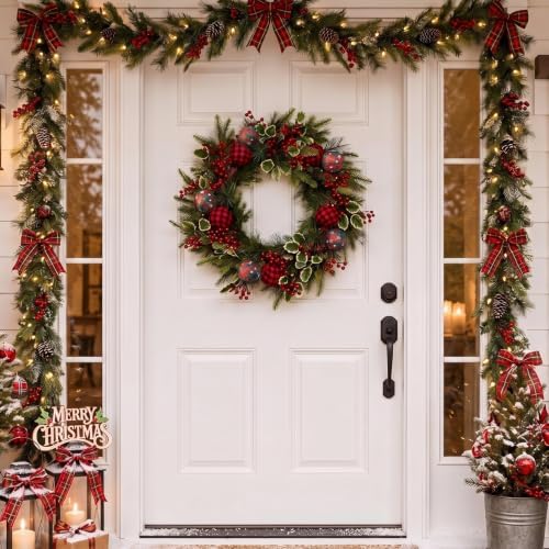 Tartan Plaid Christmas Wreath for Front Door Cedar Wreath with Holly Berry