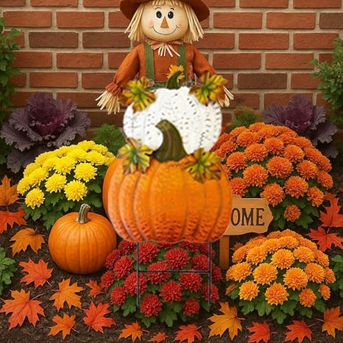 Set of 2 Rustic Metal Stacked Pumpkin Garden Stake Indoor Outdoor Welcome Decoration Hanging Metal Double Pumpkins Yard Signs for Fall Harvest Decor Thanksgiving Halloween Lawn Decoration