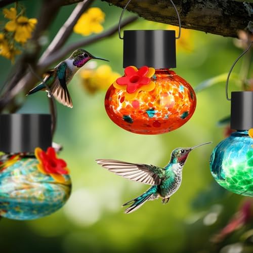 Nuogo 3 Pcs Blown Glass Hummingbird Feeder Gift Solar LED, Color A, Classic