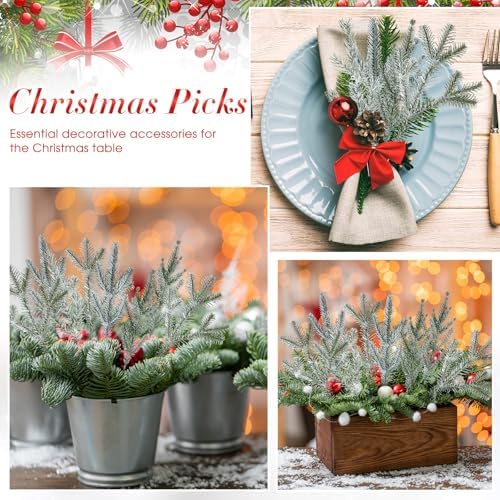 Yunlly 80 Pcs Frosted Pine Picks Artificial Christmas Wreath Stems,Simple