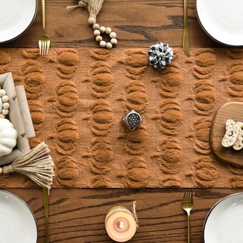 Artoid Mode Caramel Soft Faux Fur Pumpkins Fall Table Runner 13x90 Inch