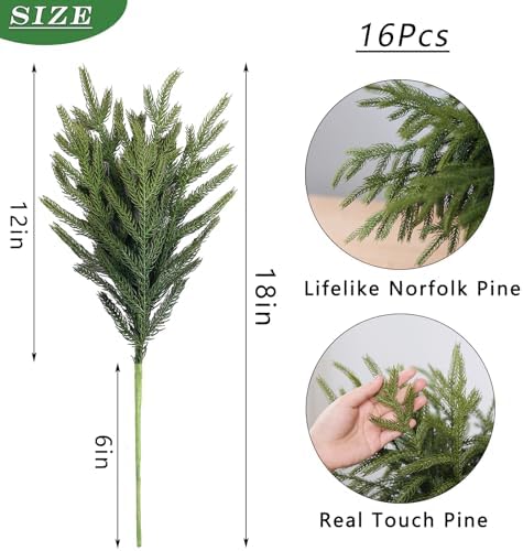 16Pcs 18"Lifelike Touch Artificial Christmas Norfolk Pine Branches for Vase