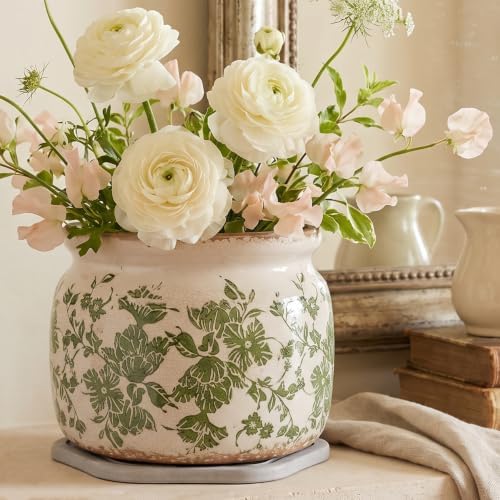 Tuscan Ceramic Planter with Decorative Tray, Plant Lover Gifts for Women