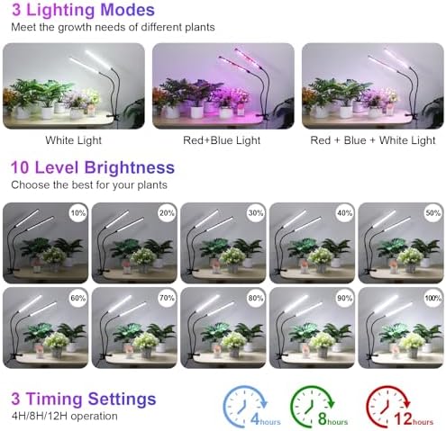 Indoor Clip-on Plant Growth Light, Full Spectrum Grow Light with 156 LEDs, Flexible Gooseneck and 4/8/12H Timer, 3 Spectral Modes, 10 Levels of Dimming, Suitable for Seedlings and Succulent Seeds