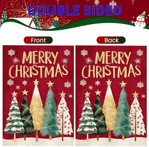 Merry Christmas Trees Garden Flags 12x18 Inch Double Sided for Outside,Small Burlap Holiday Red Yard Decoration,Weather Resistant Outdoor Hanging Banner for Patio Lawn Festive Xmas Decor