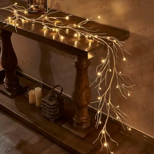 Hairui Birch Garland with Lights 6FT 48 LED Battery Operated, Lighted Twig Vine with Timer for Christmas Home Fireplace Decoration Indoor Outdoor Use