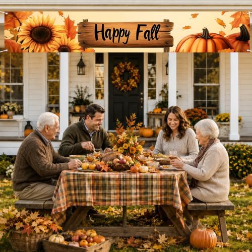 BlissYard Happy Fall Banner 118 x 20 inchs Autumn Thanksgiving Outdoor Decorations Backdrop Happy Fall Yard Signs Party Supplies Autumn Sunflower Pumpkin Front Porch Hanging Banner