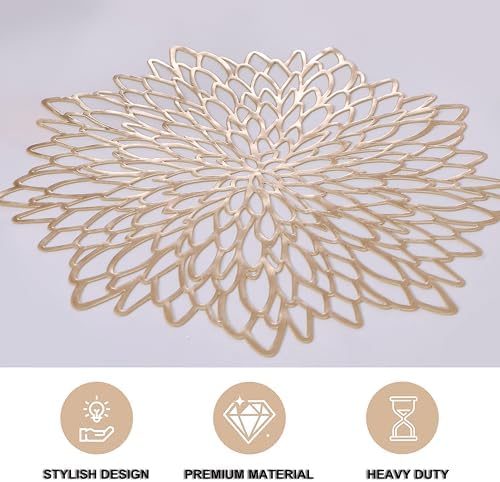 Snowkingdom Pack of 8 Gold Metallic Round Placemats Bulk Round Pressed Vinyl Leaf Dinning Kitchen Table Mats Decoration for Christmas Wedding Thanksgiving Party