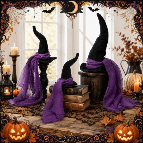 3 Pcs 3 Size Halloween Witch Hat Table Centerpiece with Purple Gauze Ribbon